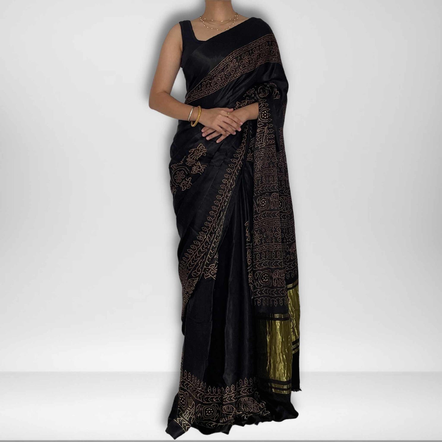 Ananya, Black Modal Saree with Bandhani and Zari Work on Pallu by Shobhangini, Modal Saree, Bandhani Saree