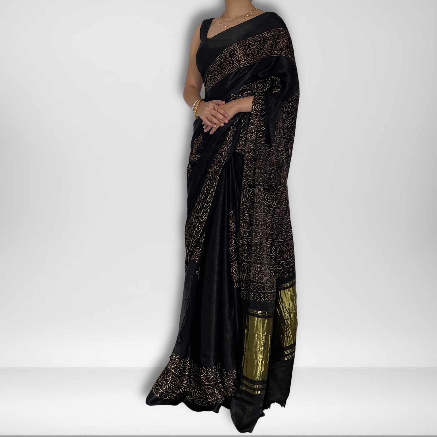 Ananya, Black Modal Saree with Bandhani and Zari Work on Pallu by Shobhangini, Modal Saree, Bandhani Saree