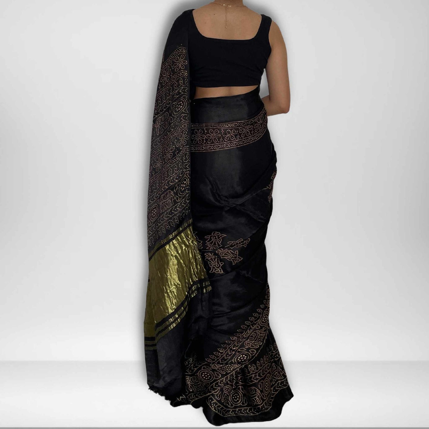 Ananya, Black Modal Saree with Bandhani and Zari Work on Pallu by Shobhangini, Modal Saree, Bandhani Saree