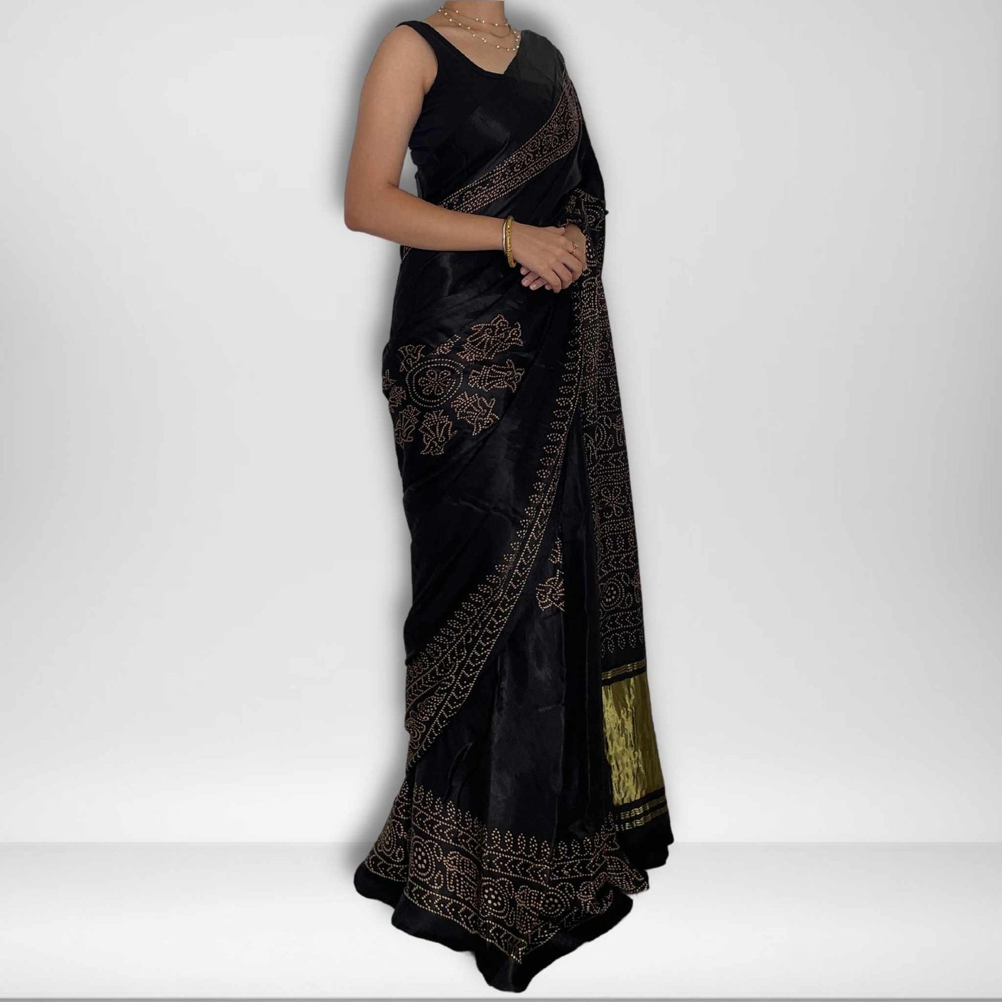 Ananya, Black Modal Saree with Bandhani and Zari Work on Pallu by Shobhangini, Modal Saree, Bandhani Saree
