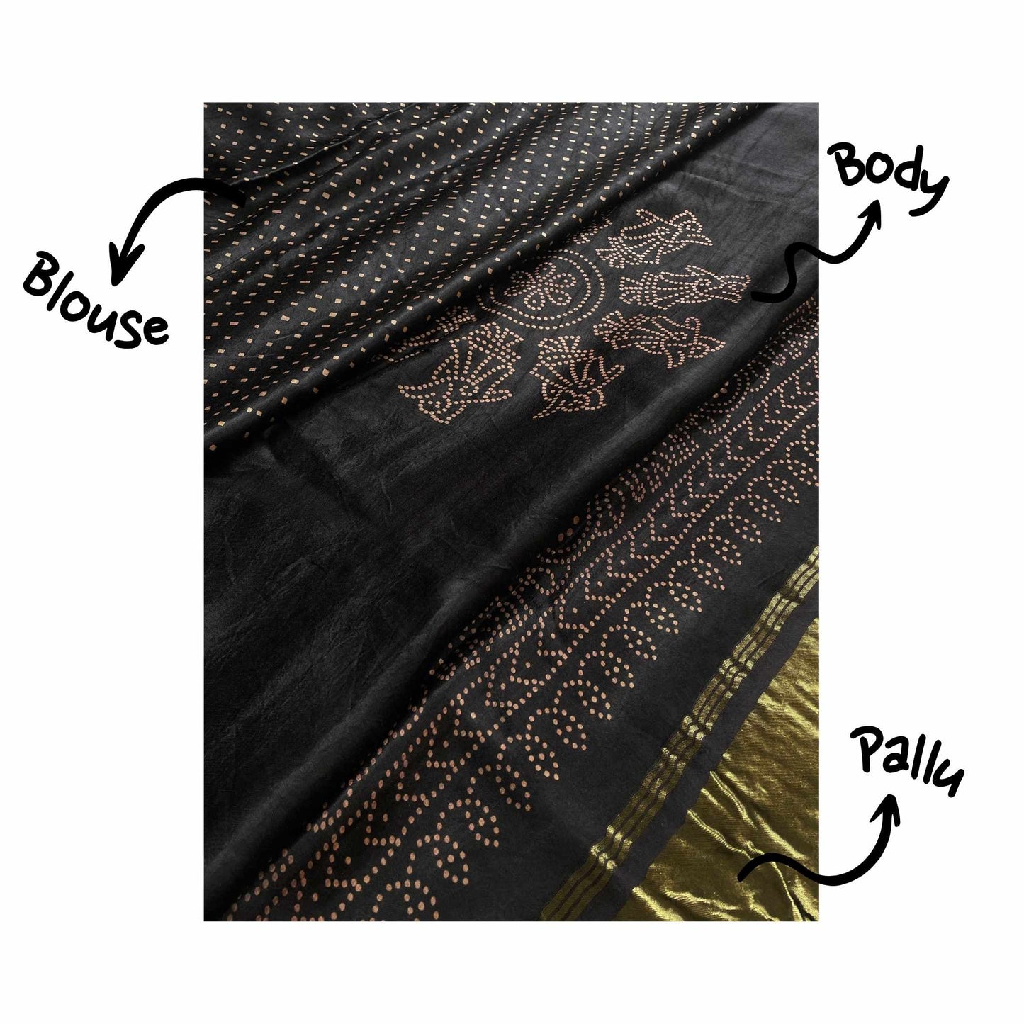 Ananya, Black Modal Saree with Bandhani and Zari Work on Pallu by Shobhangini, Modal Saree, Bandhani Saree