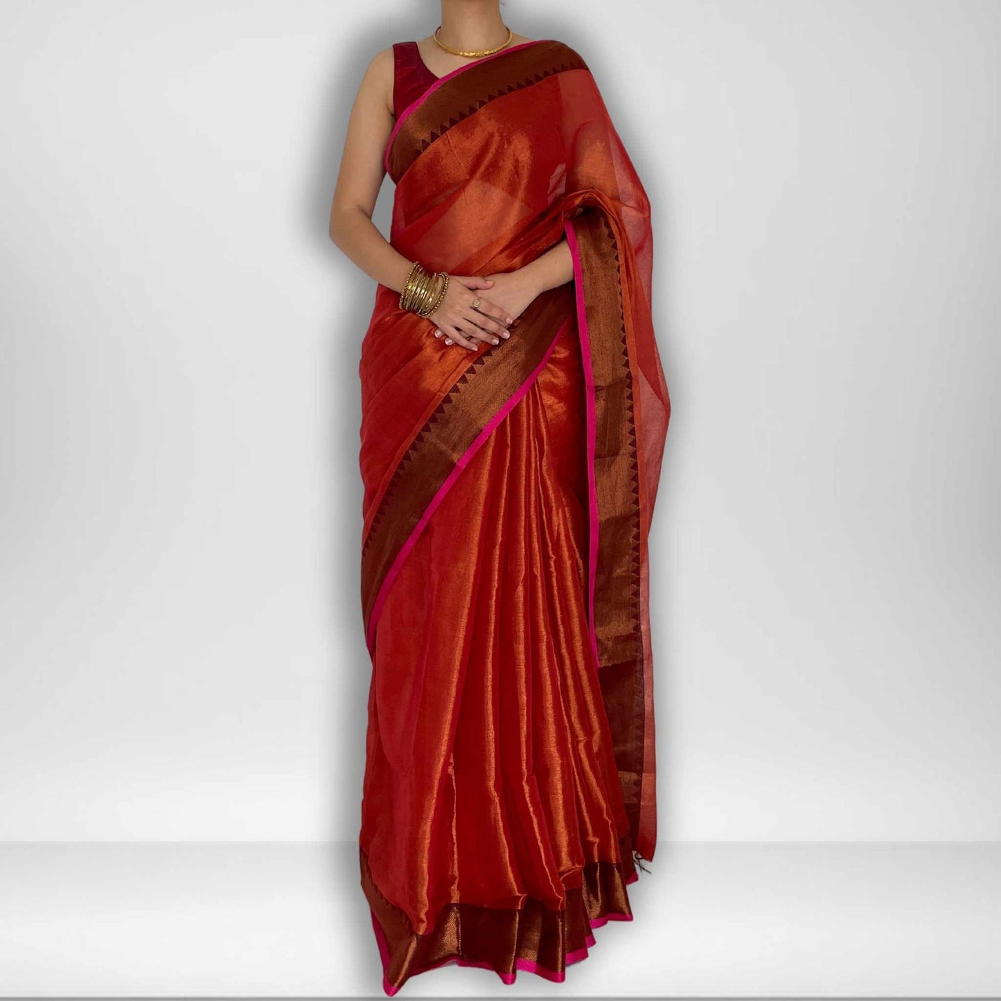 Chitra, Orange Raga Cotton Tissue Saree with Copper Zari Work by Shobhangini