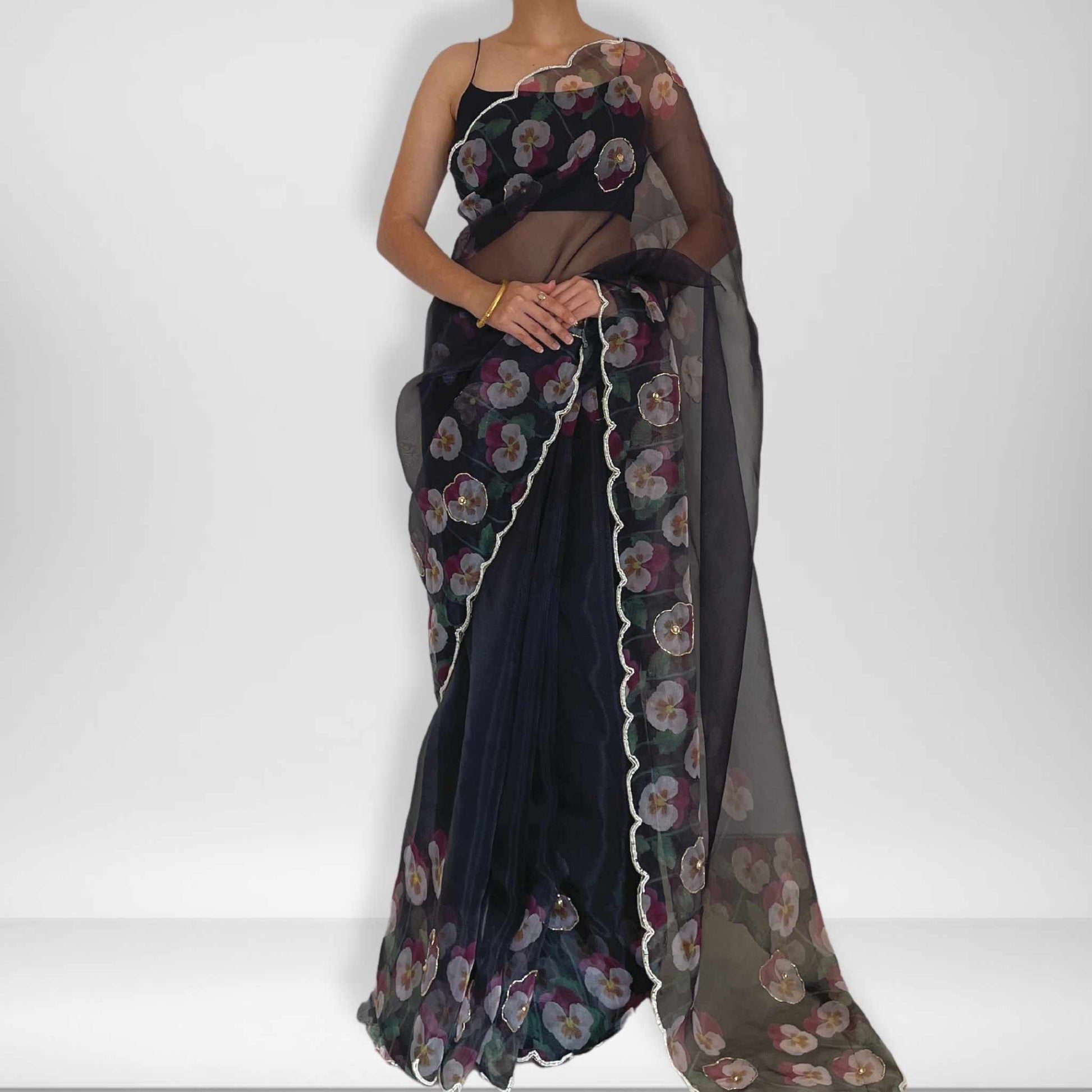 Raat Ki Rani, Black Organza Saree with Beadwork Border by Shobhangini, Black Organza Saree, Embellished Saree
