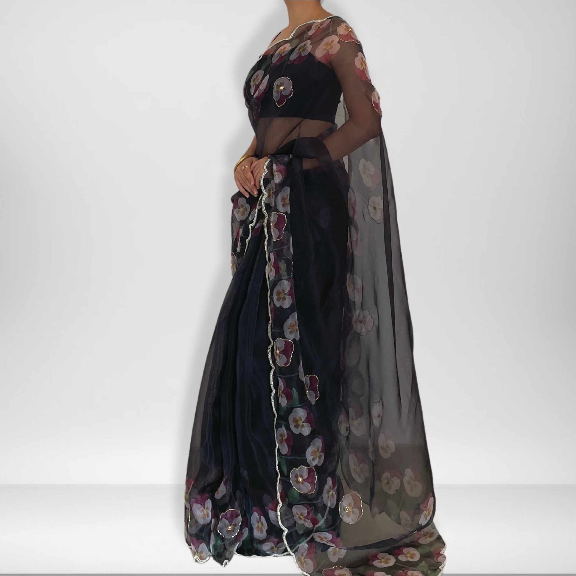 Raat Ki Rani, Black Organza Saree with Beadwork Border by Shobhangini, Black Organza Saree, Embellished Saree