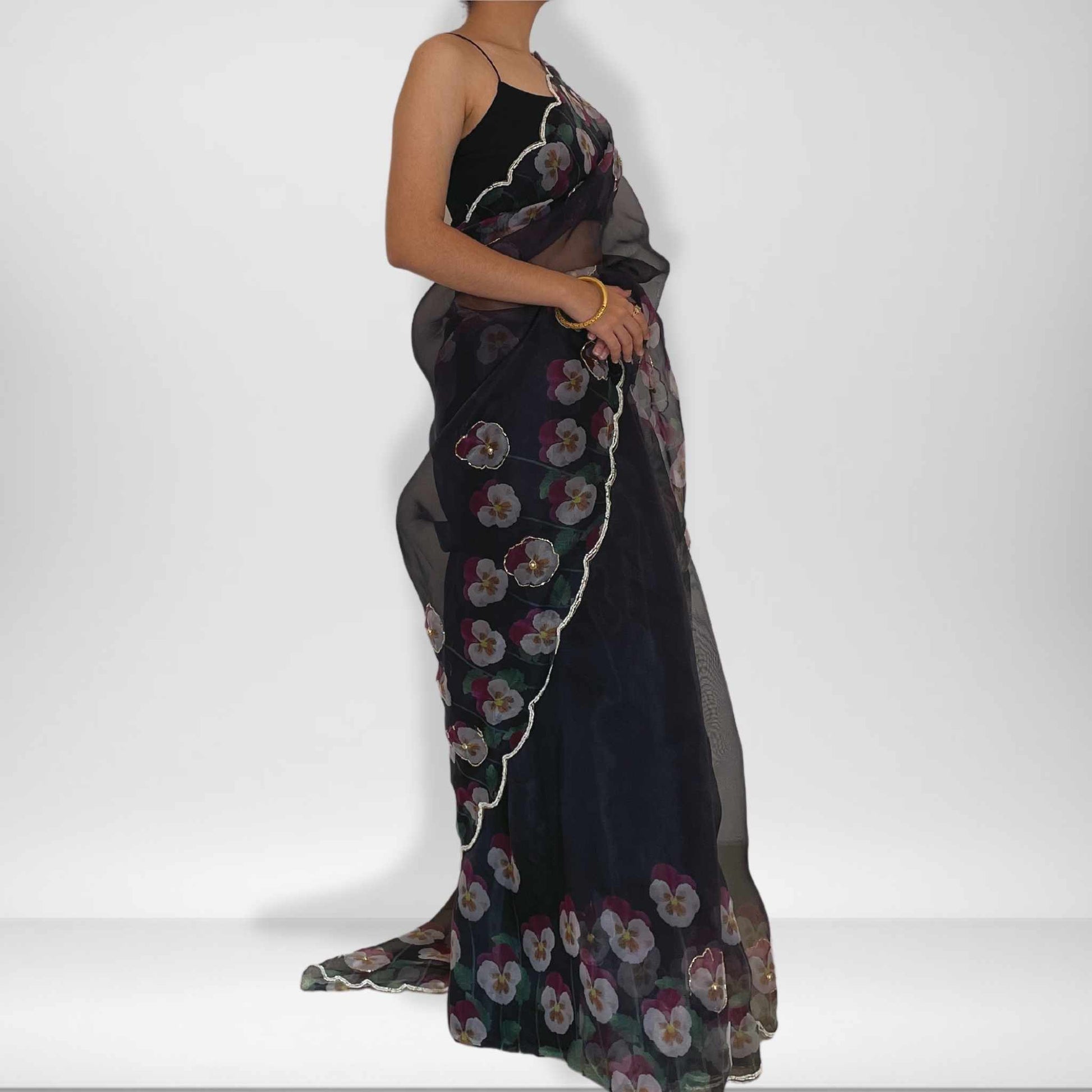 Raat Ki Rani, Black Organza Saree with Beadwork Border by Shobhangini, Black Organza Saree, Embellished Saree