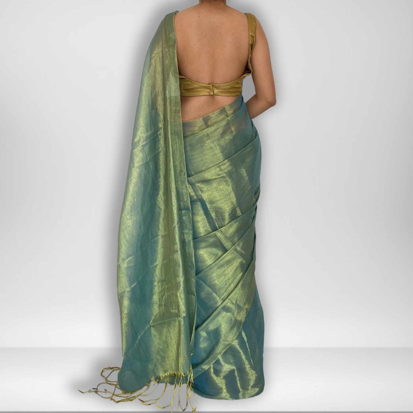 Tarana, Blue Raga Cotton Tissue Saree with Golden Zari Work by Shobhangini