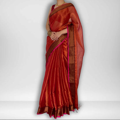 Chitra, Orange Raga Cotton Tissue Saree with Copper Zari Work by Shobhangini