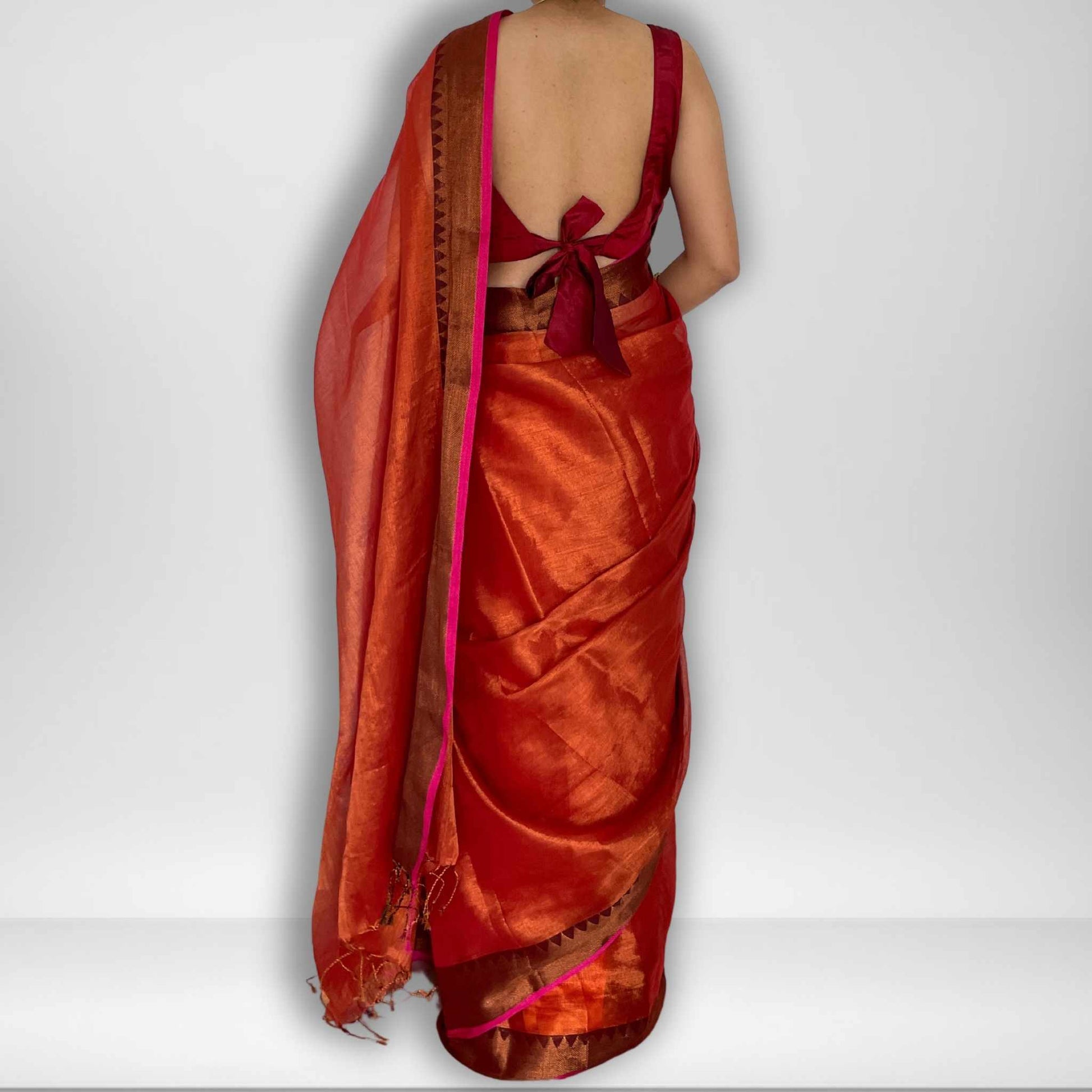 Chitra, Orange Raga Cotton Tissue Saree with Copper Zari Work by Shobhangini