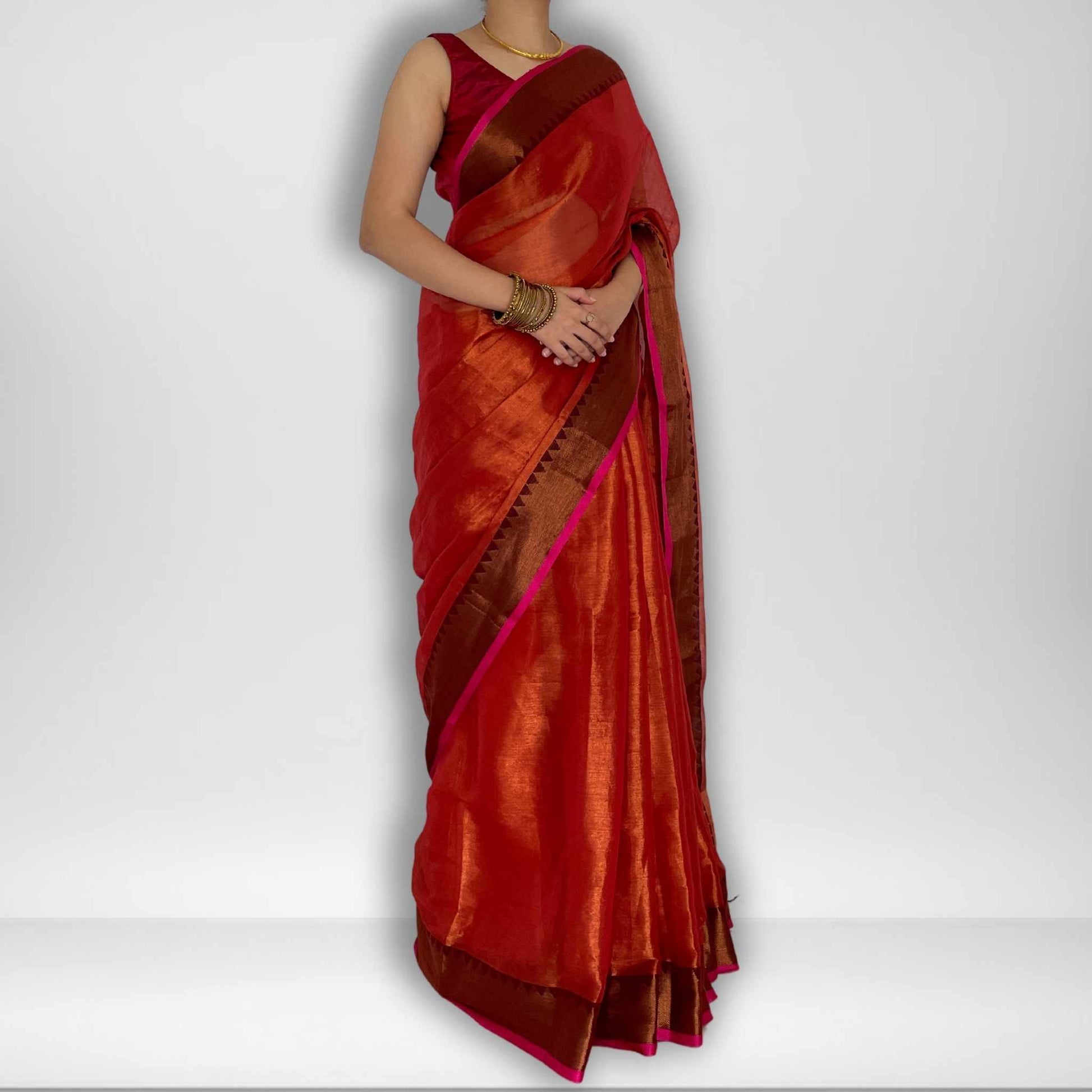 Chitra, Orange Raga Cotton Tissue Saree with Copper Zari Work by Shobhangini