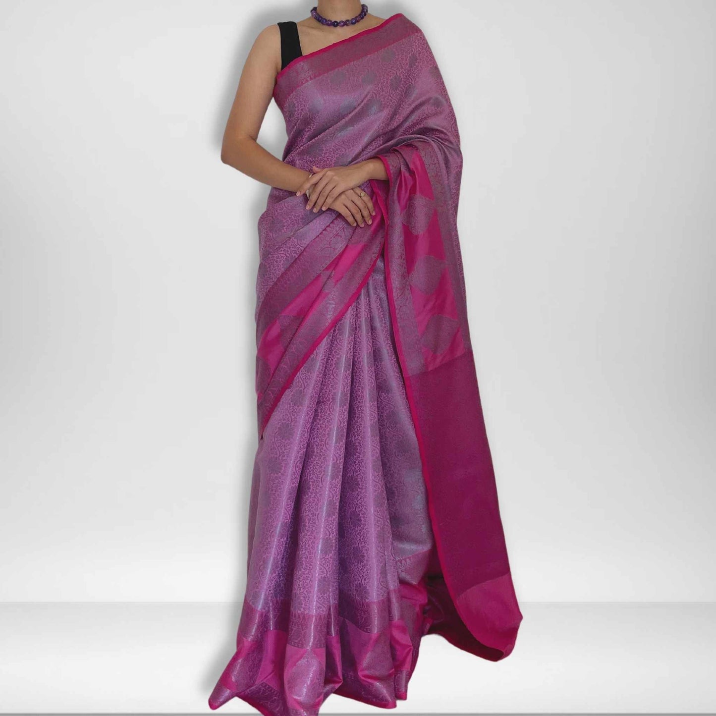 Kopal, Pink with Grey Zari Banarasi Brocade Saree by Shobhangini, Banarasi Brocade Saree, Silk Saree