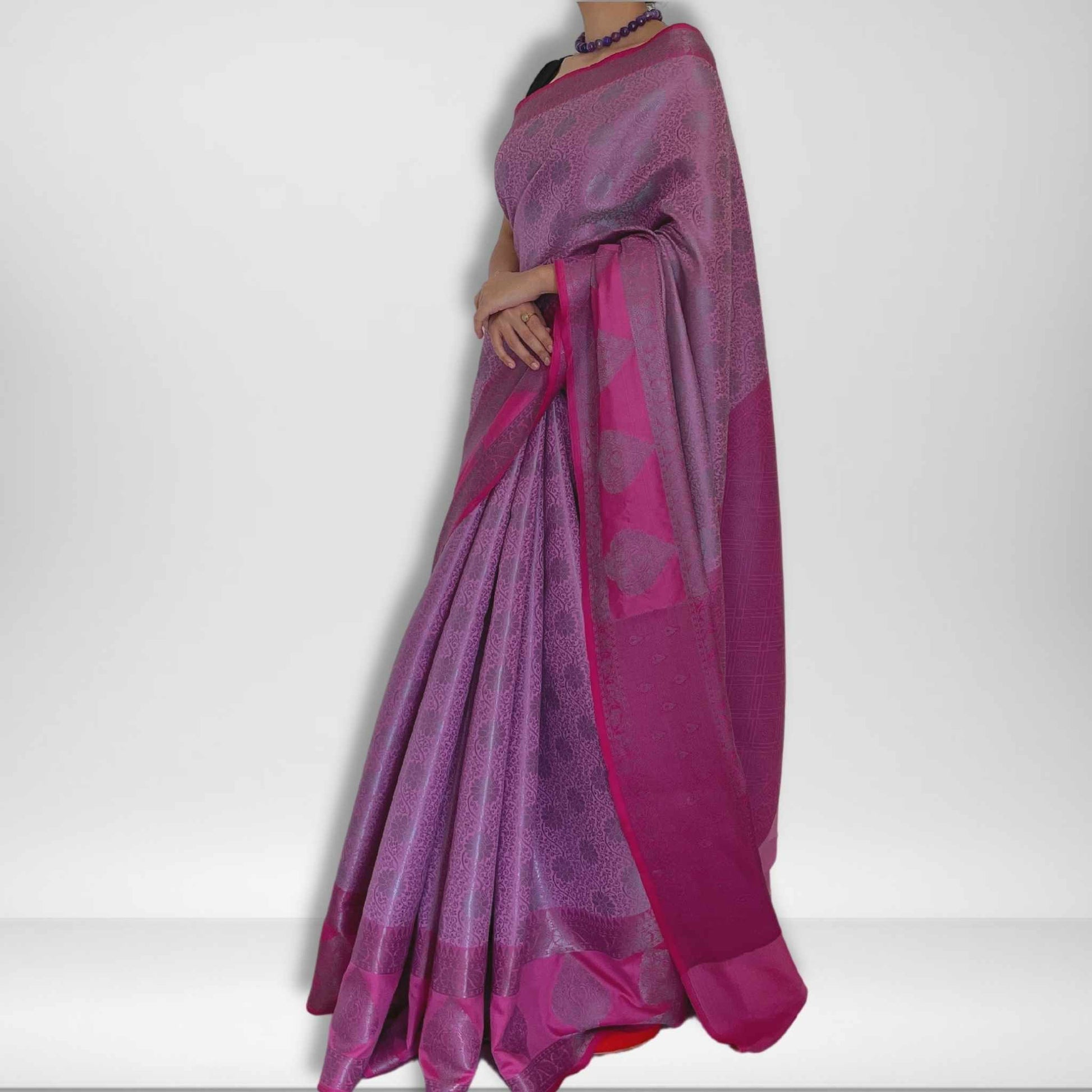 Kopal, Pink with Grey Zari Banarasi Brocade Saree by Shobhangini, Banarasi Brocade Saree, Silk Saree