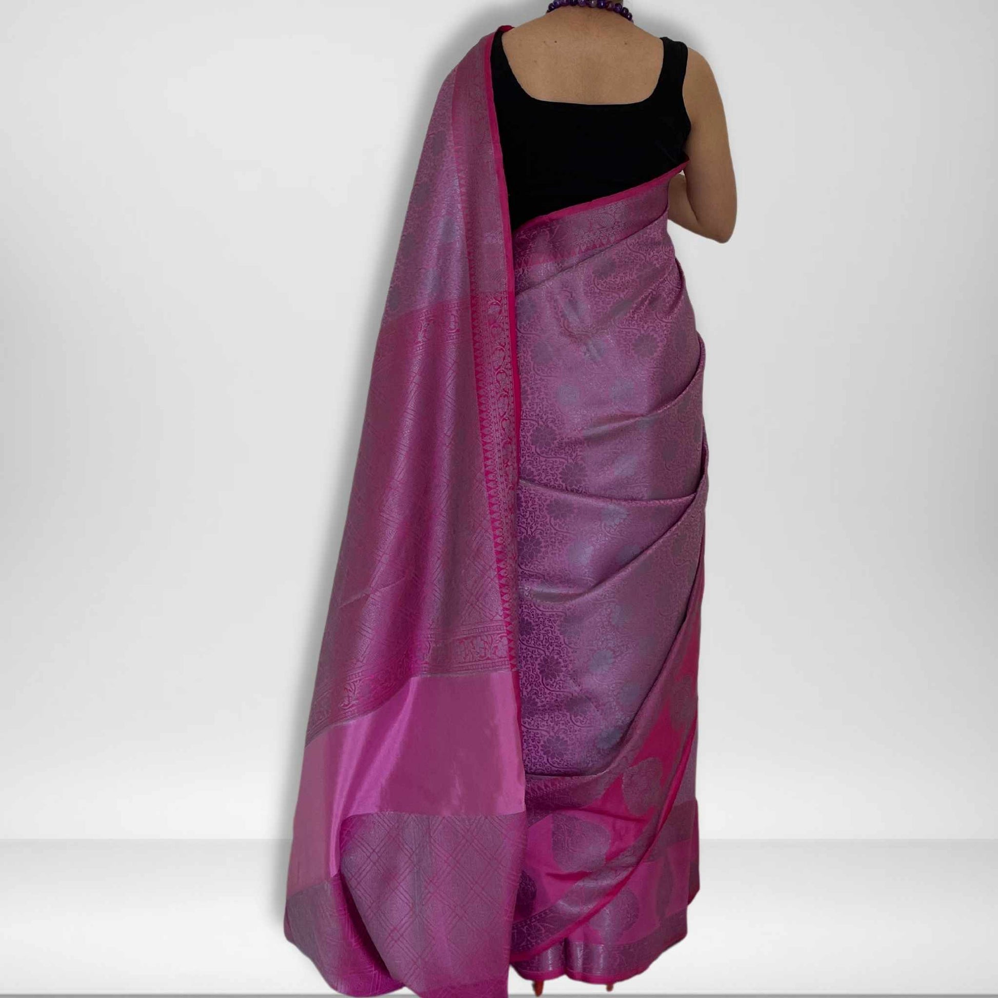 Kopal, Pink with Grey Zari Banarasi Brocade Saree by Shobhangini, Banarasi Brocade Saree, Silk Saree
