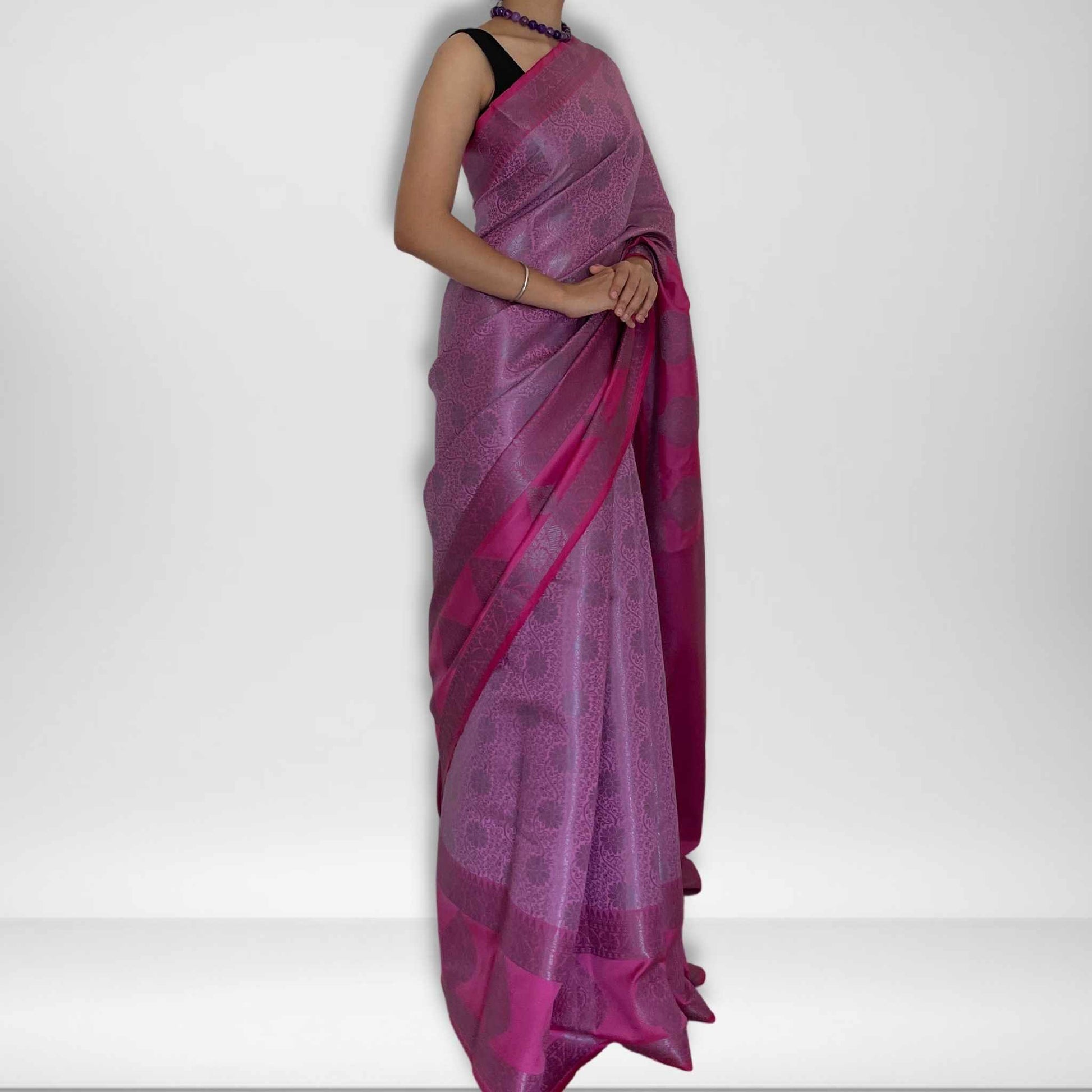Kopal, Pink with Grey Zari Banarasi Brocade Saree by Shobhangini, Banarasi Brocade Saree, Silk Saree