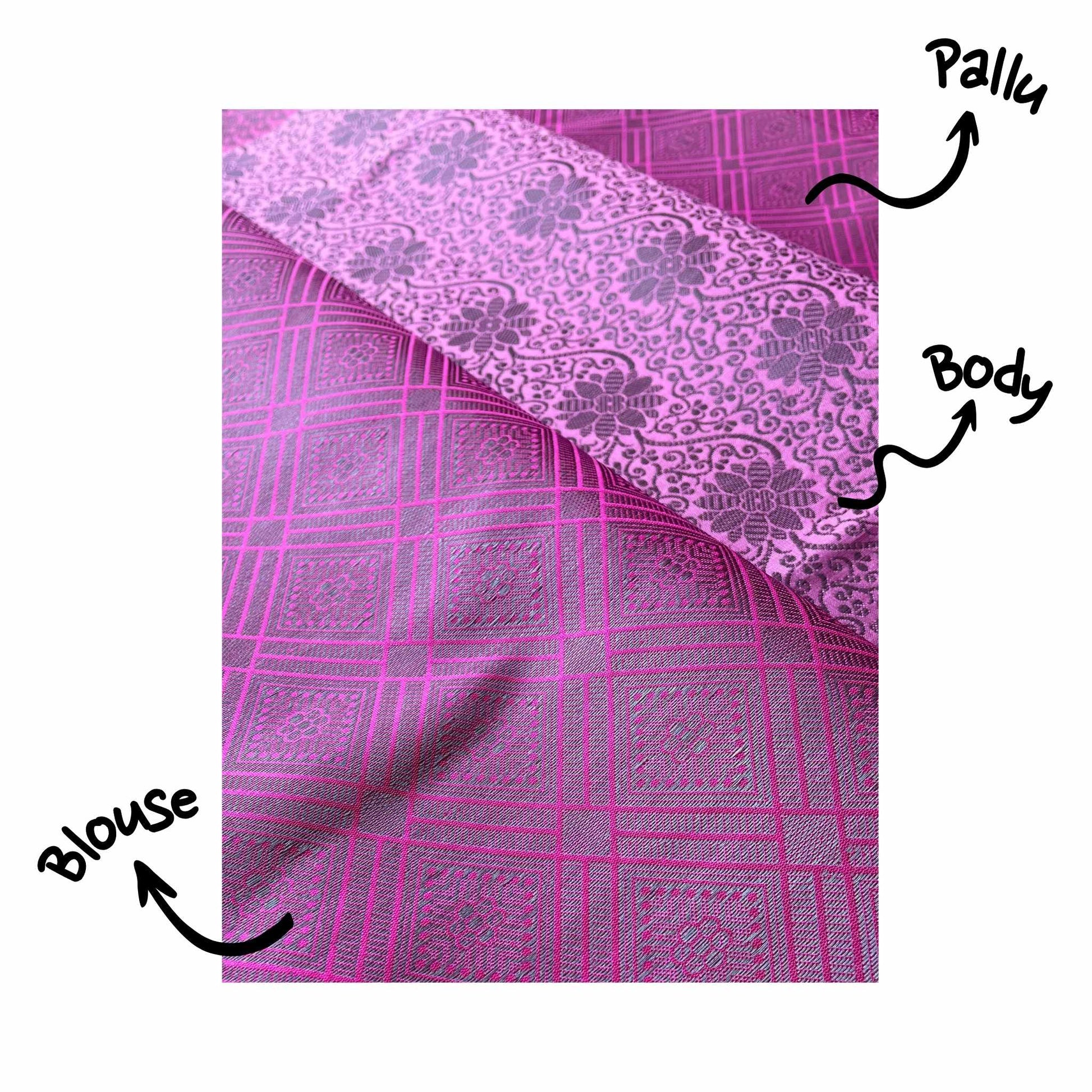 Kopal, Pink with Grey Zari Banarasi Brocade Saree by Shobhangini, Banarasi Brocade Saree, Silk Saree