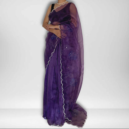 Mahi, Purple Organza Saree with Beadwork Border by Shobhangini, Purple Saree, Embellished Saree