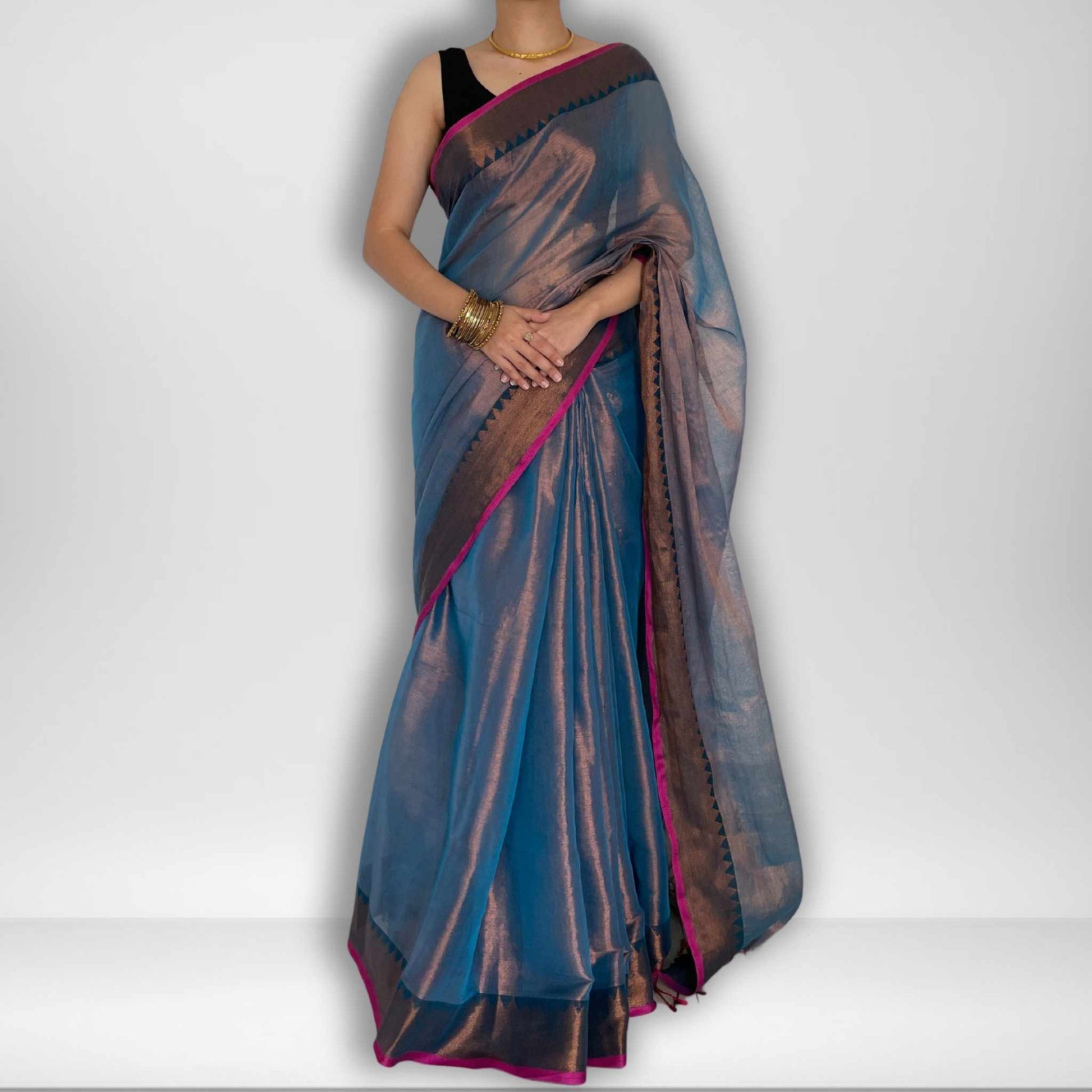 Malhar, Blue Raga Cotton Tissue Saree with Copper Zari Work by Shobhangini
