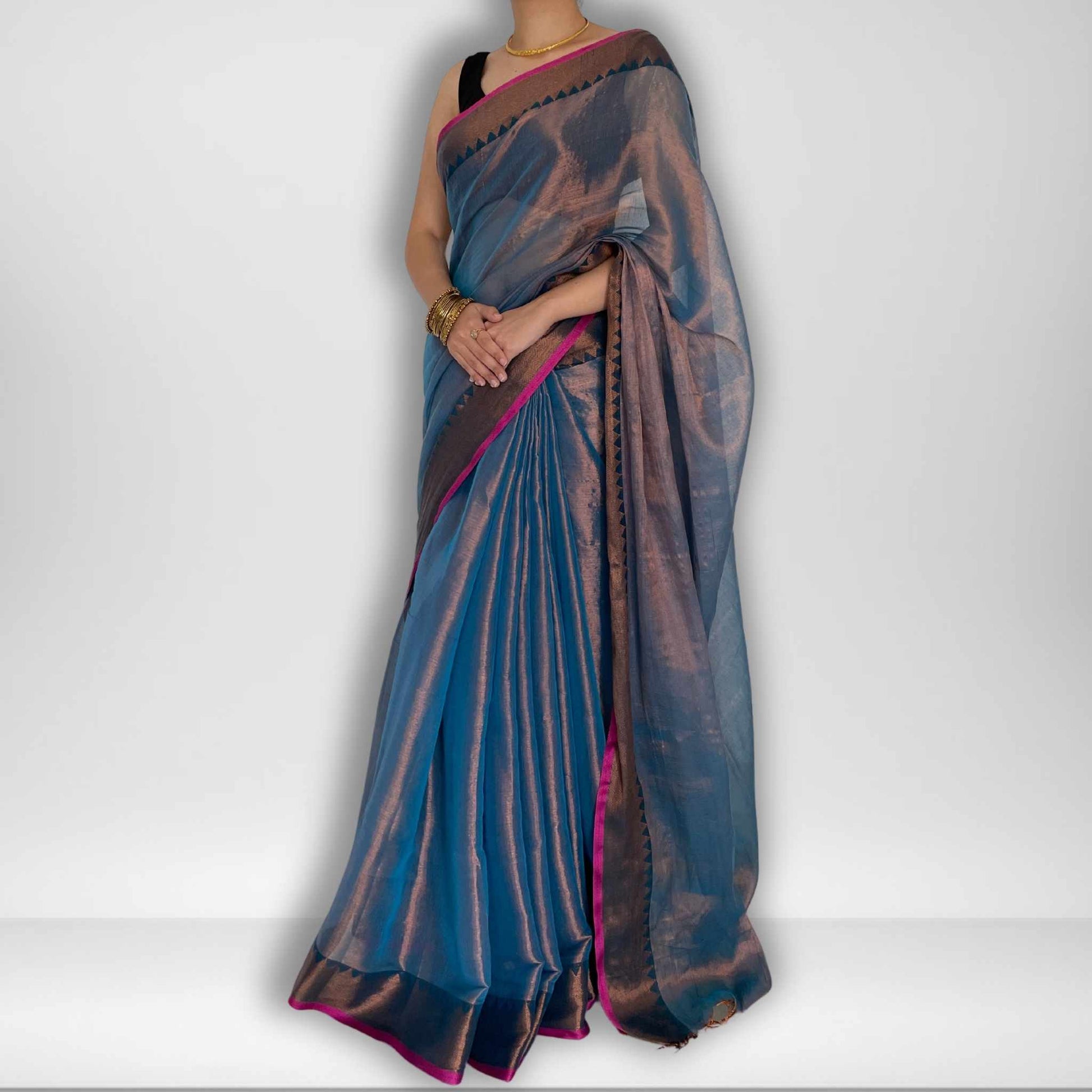 Malhar, Blue Raga Cotton Tissue Saree with Copper Zari Work by Shobhangini