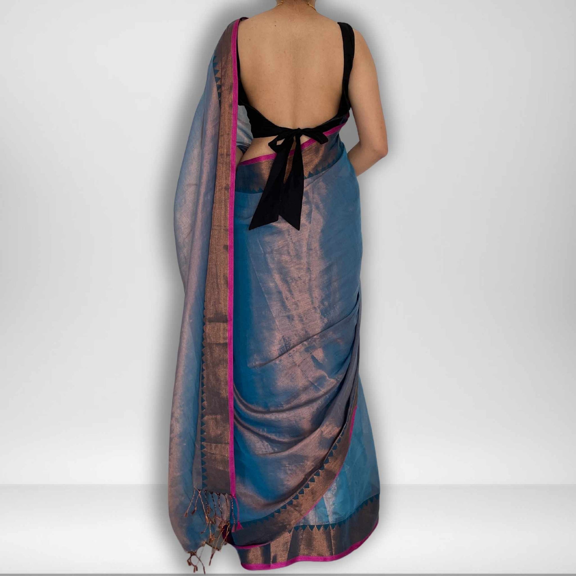 Malhar, Blue Raga Cotton Tissue Saree with Copper Zari Work by Shobhangini