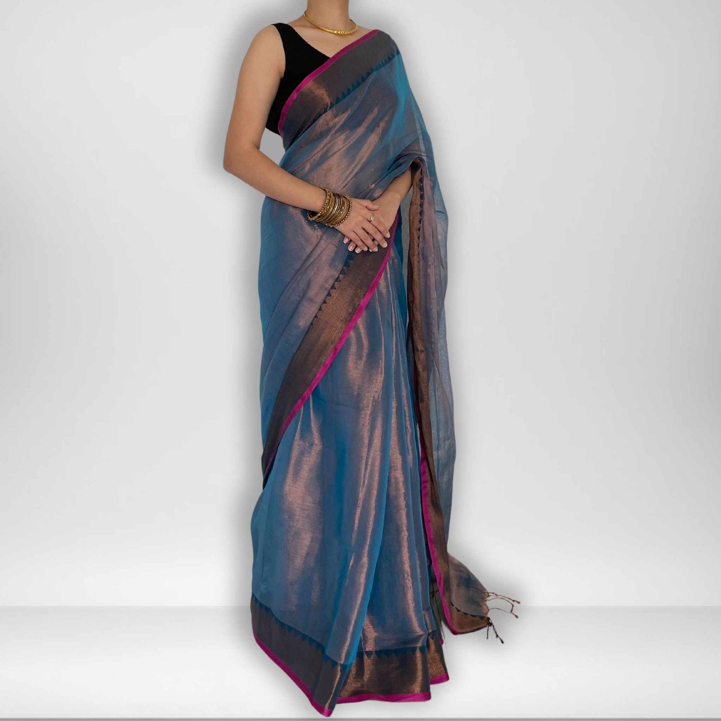 Malhar, Blue Raga Cotton Tissue Saree with Copper Zari Work by Shobhangini