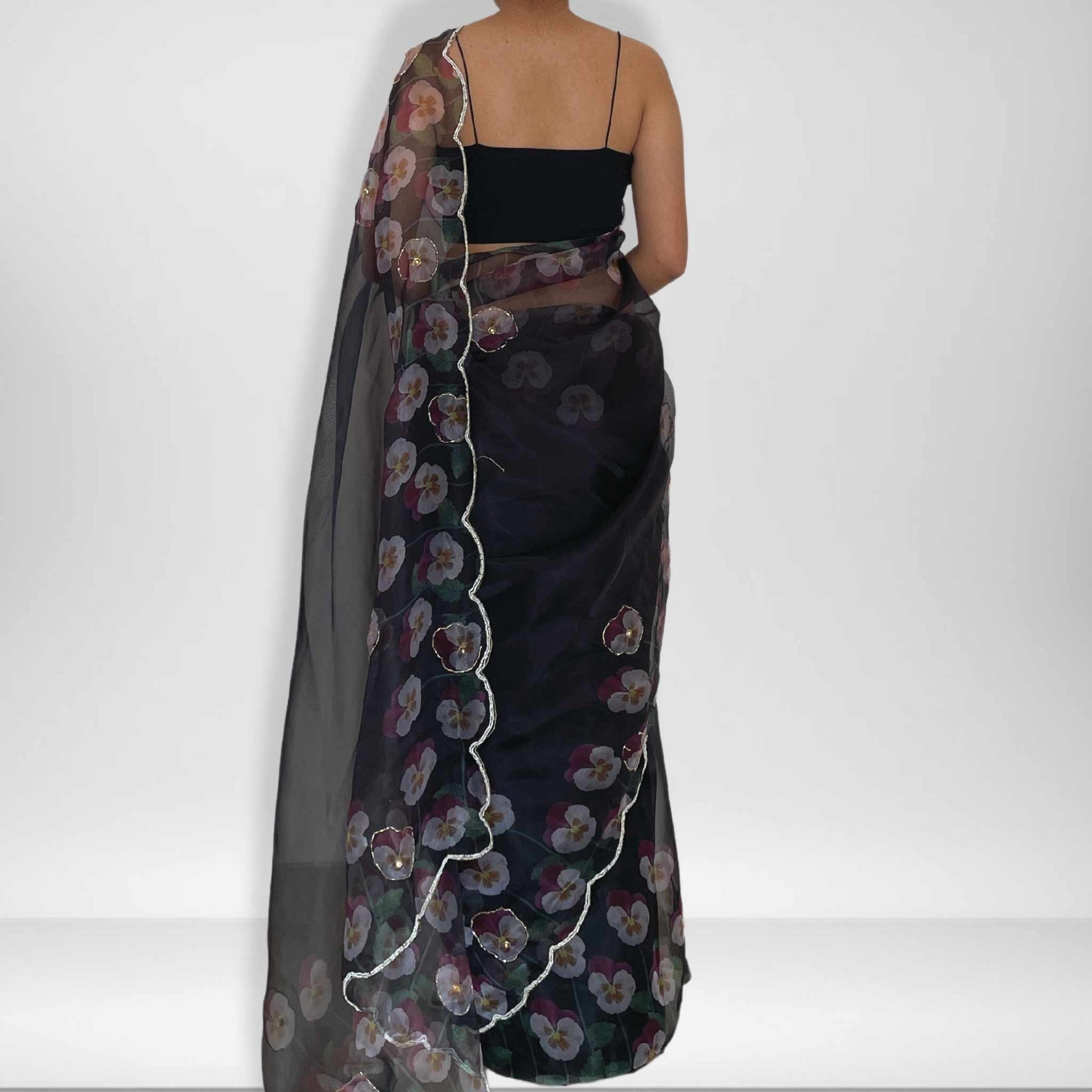 Raat Ki Rani, Black Organza Saree with Beadwork Border by Shobhangini, Black Organza Saree, Embellished Saree