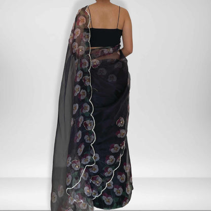 Raat Ki Rani, Black Organza Saree with Beadwork Border by Shobhangini, Black Organza Saree, Embellished Saree