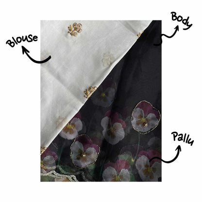Raat Ki Rani, Black Organza Saree with Beadwork Border by Shobhangini, Black Organza Saree, Embellished Saree