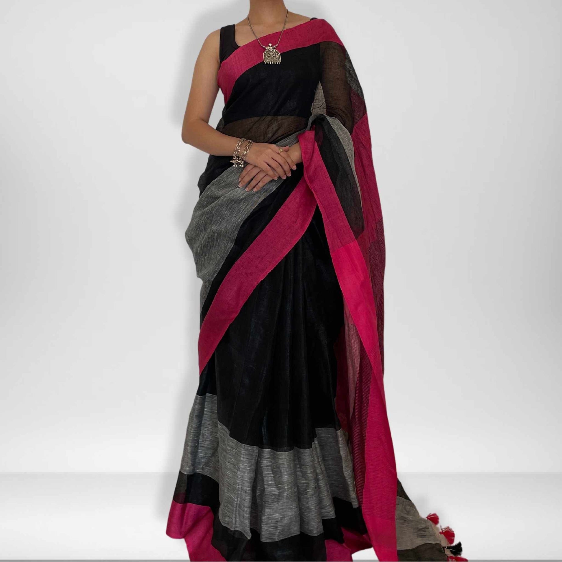 Ramma, Pink, Black and Grey Khadi Saree by Shobhangini