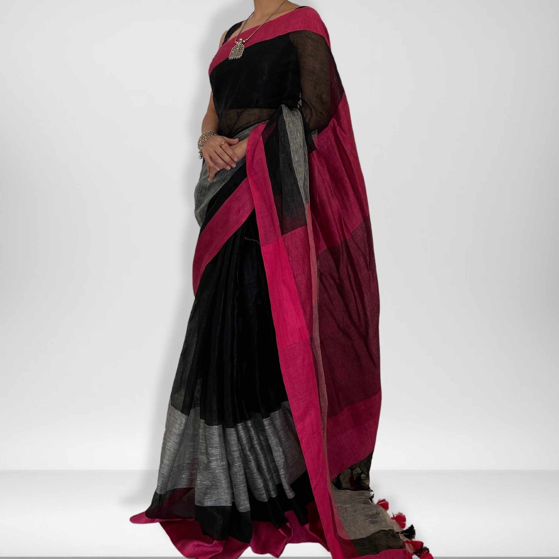 Ramma, Pink, Black and Grey Khadi Saree by Shobhangini