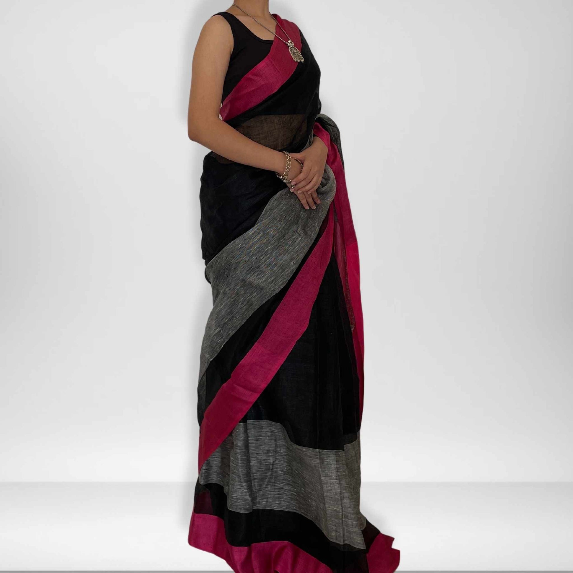 Ramma, Pink, Black and Grey Khadi Saree by Shobhangini
