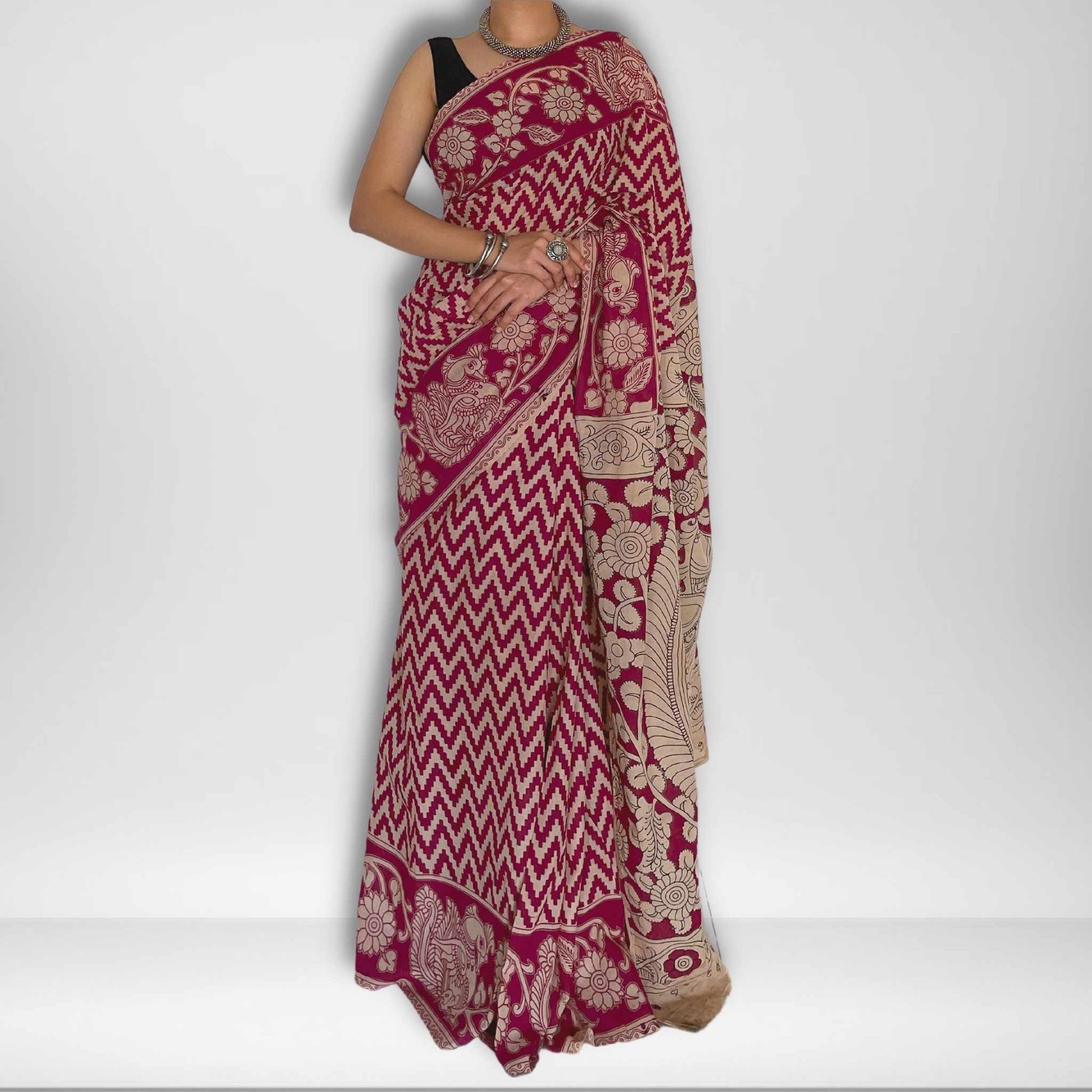 Sachi, Pink and Cream Mul Cotton Saree with Kalamkari Print by Shobhangini, Kalamkari Saree, Cotton Saree