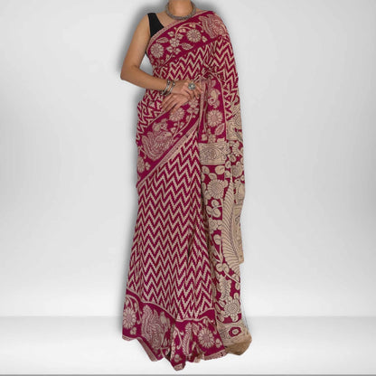 Sachi, Pink and Cream Mul Cotton Saree with Kalamkari Print by Shobhangini, Kalamkari Saree, Cotton Saree