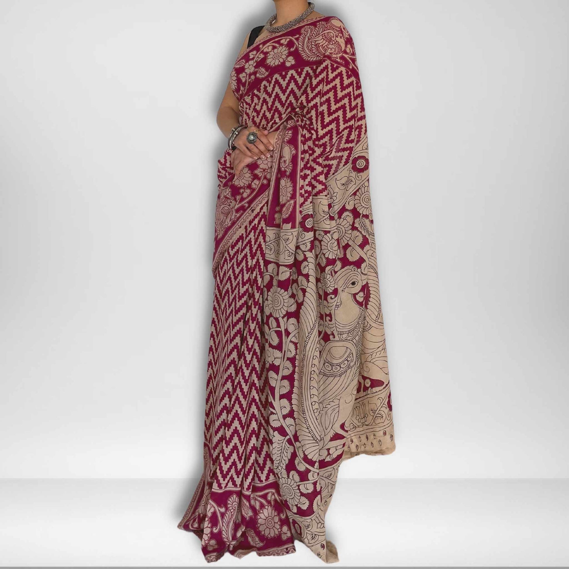 Sachi, Pink and Cream Mul Cotton Saree with Kalamkari Print by Shobhangini, Kalamkari Saree, Cotton Saree