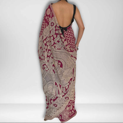 Sachi, Pink and Cream Mul Cotton Saree with Kalamkari Print by Shobhangini, Kalamkari Saree, Cotton Saree