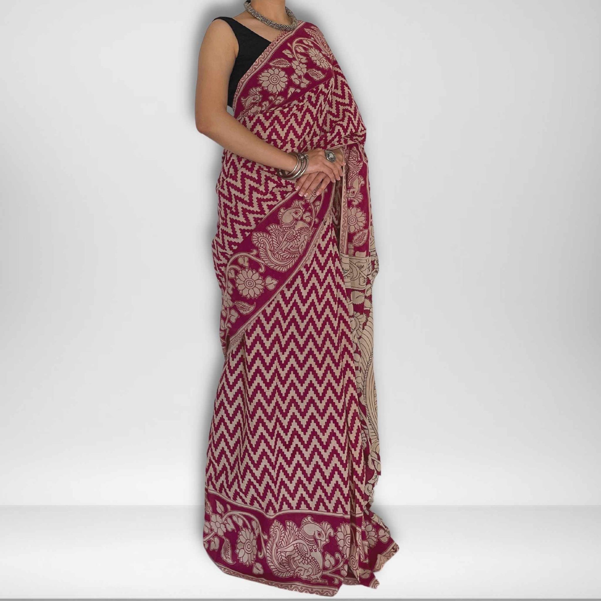 Sachi, Pink and Cream Mul Cotton Saree with Kalamkari Print by Shobhangini, Kalamkari Saree, Cotton Saree