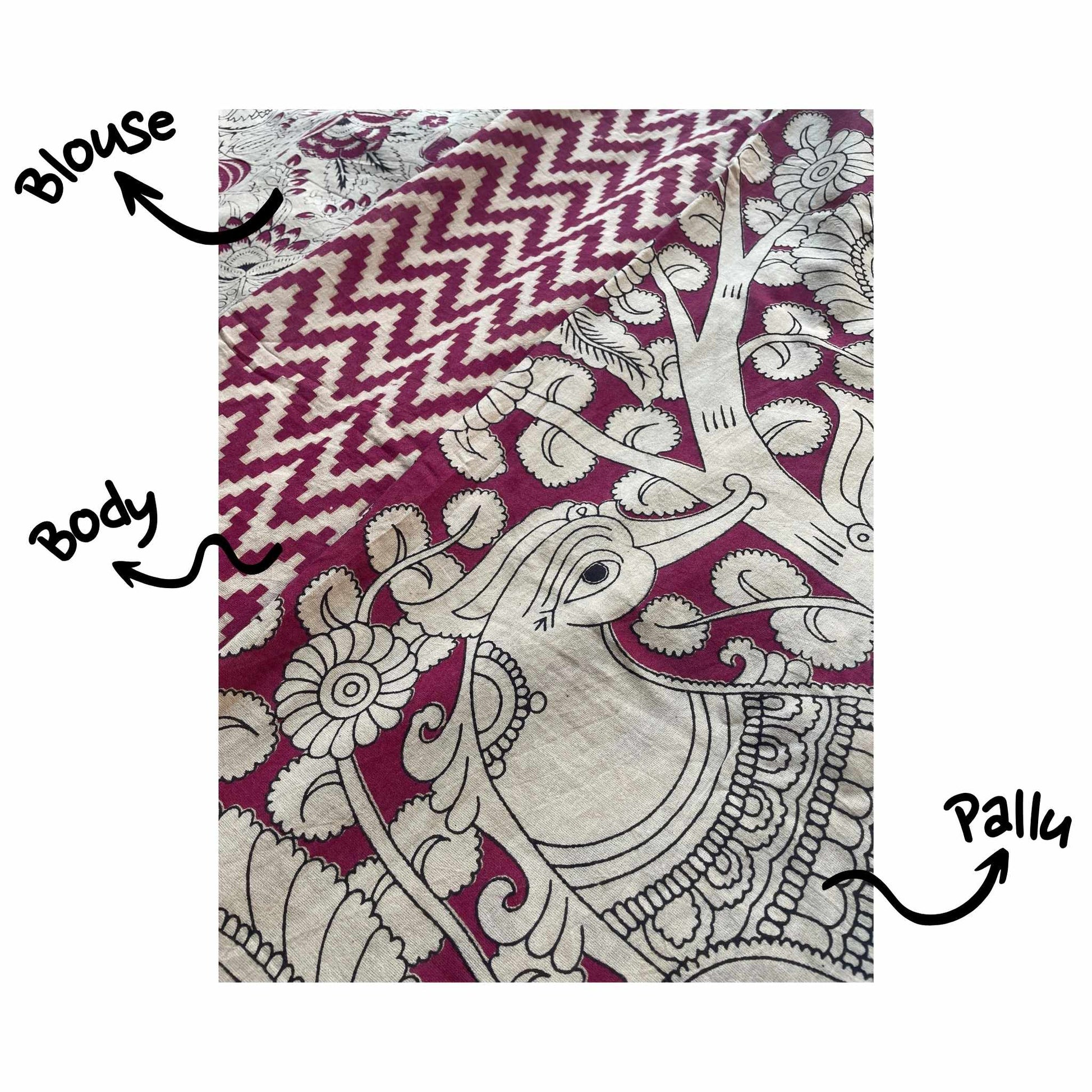 Sachi, Pink and Cream Mul Cotton Saree with Kalamkari Print by Shobhangini, Kalamkari Saree, Cotton Saree
