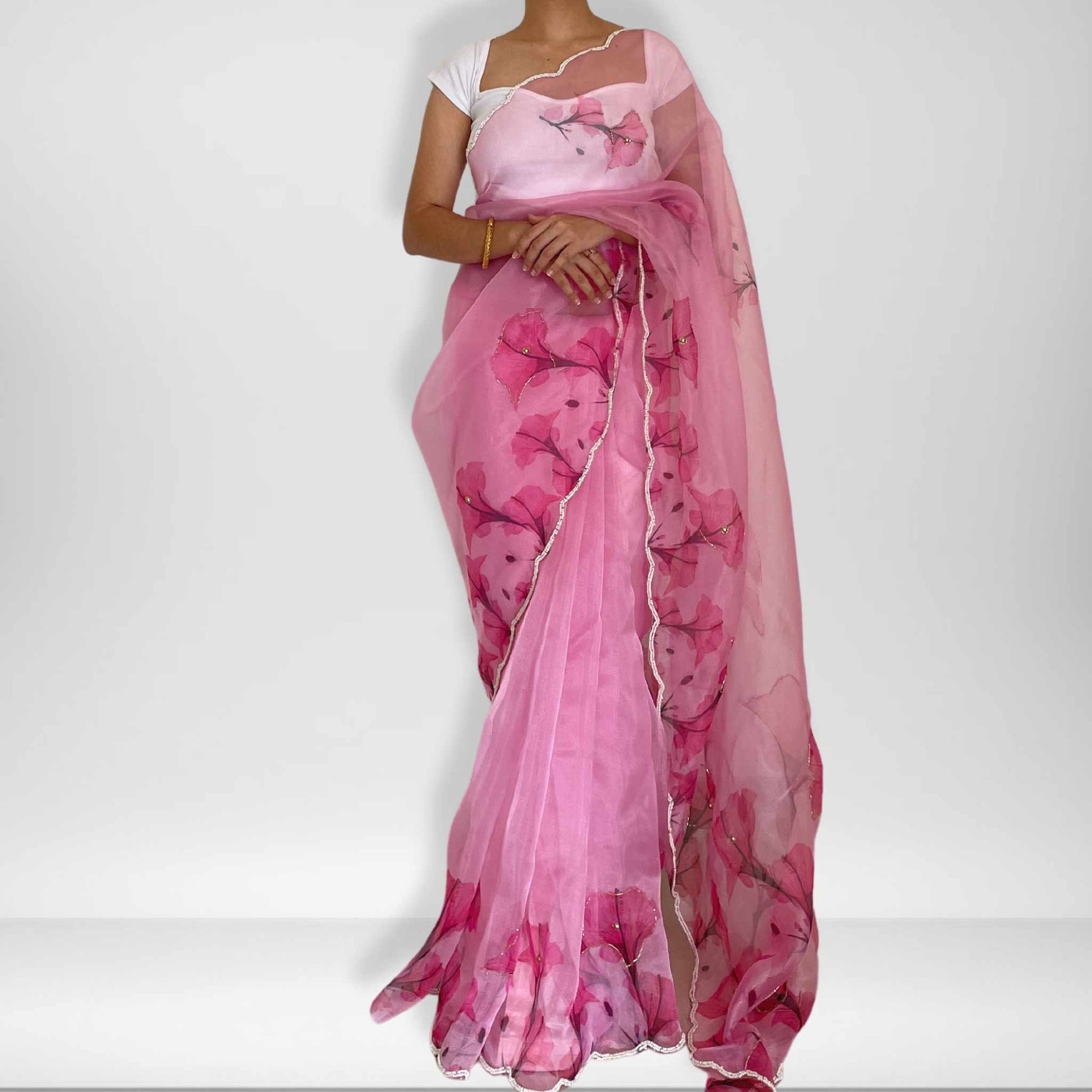 Shubha, Pink Organza Saree with Beadwork Border by Shobhangini, Organza Saree with Embellished Border