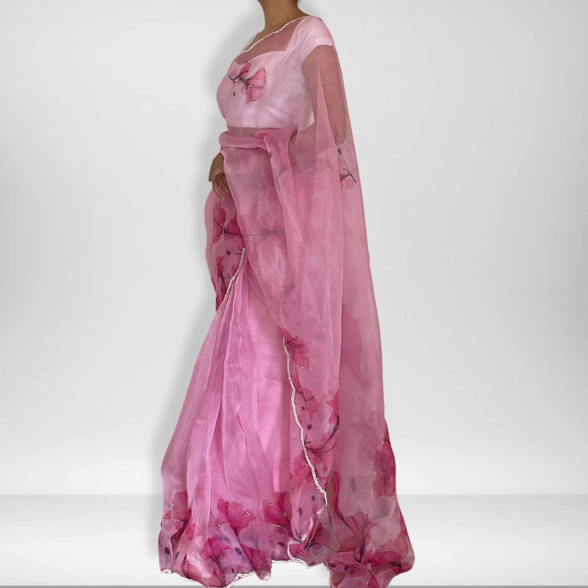 Shubha, Pink Organza Saree with Beadwork Border by Shobhangini, Organza Saree with Embellished Border