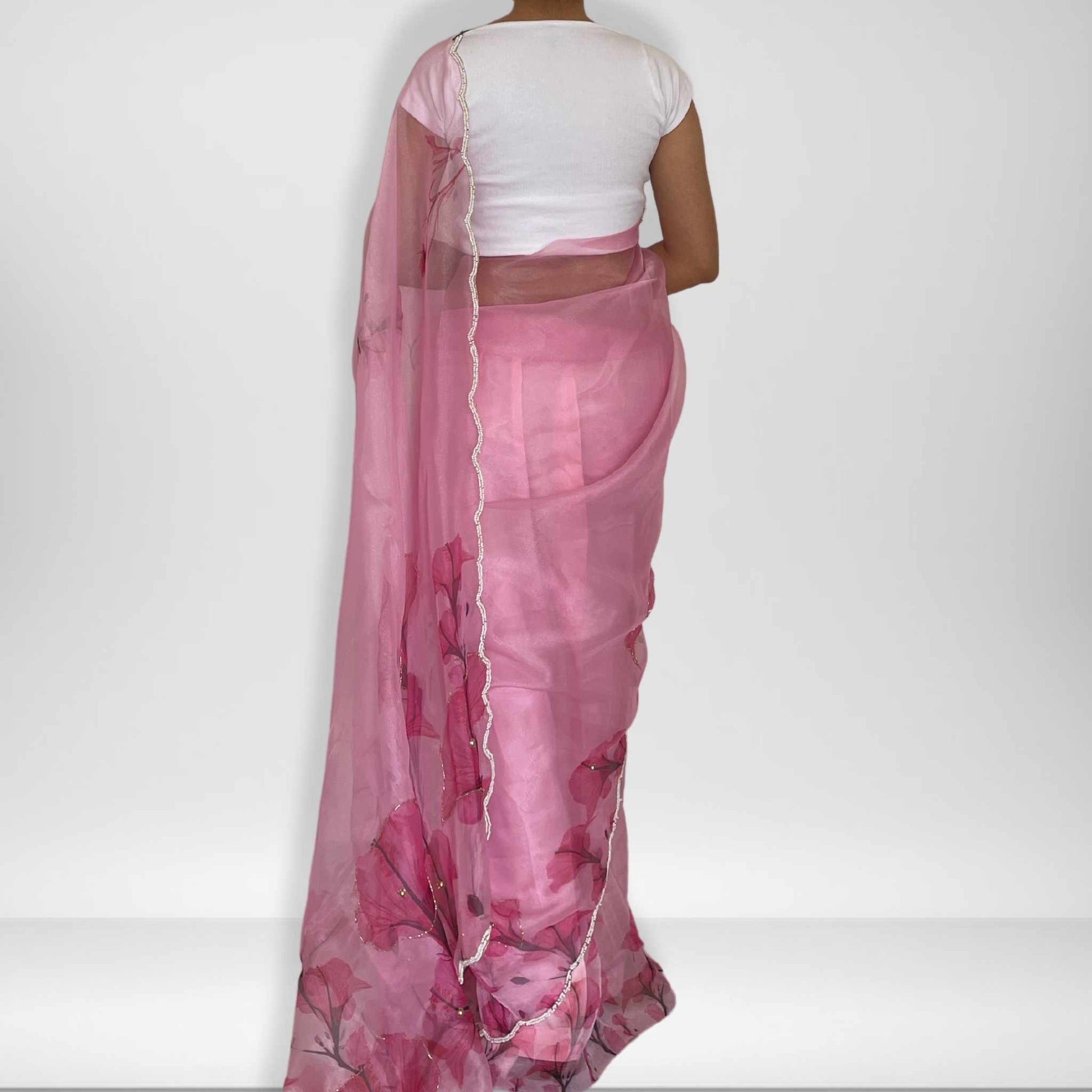 Shubha, Pink Organza Saree with Beadwork Border by Shobhangini, Organza Saree with Embellished Border