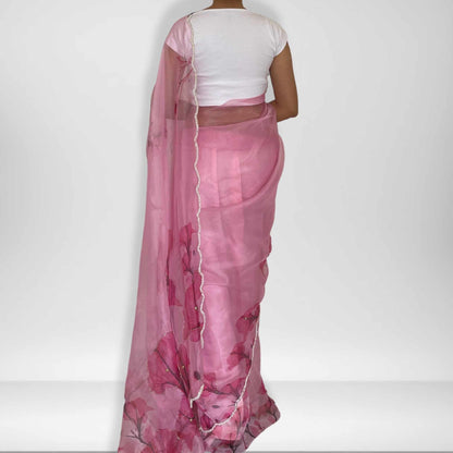Shubha, Pink Organza Saree with Beadwork Border by Shobhangini, Organza Saree with Embellished Border