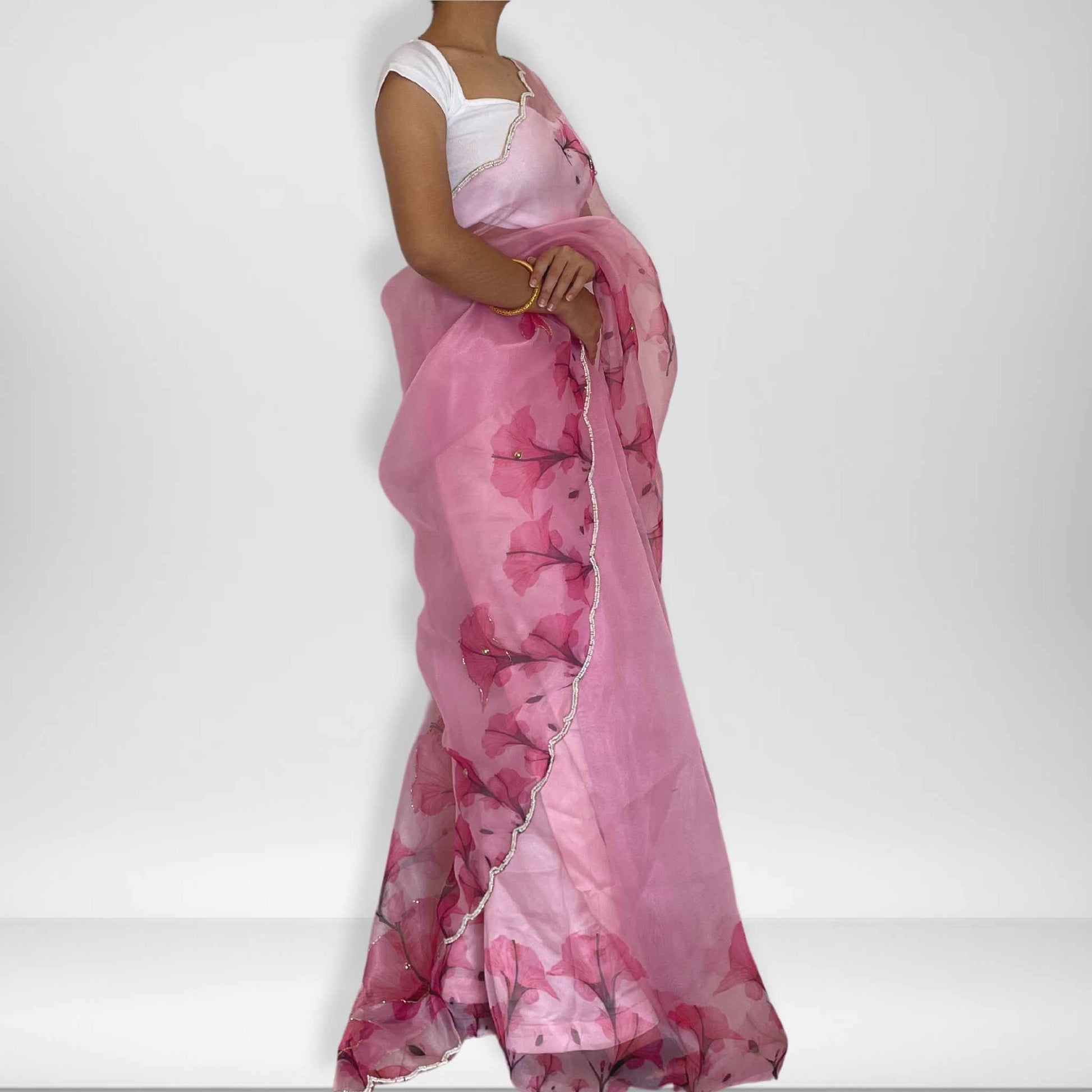 Shubha, Pink Organza Saree with Beadwork Border by Shobhangini, Organza Saree with Embellished Border