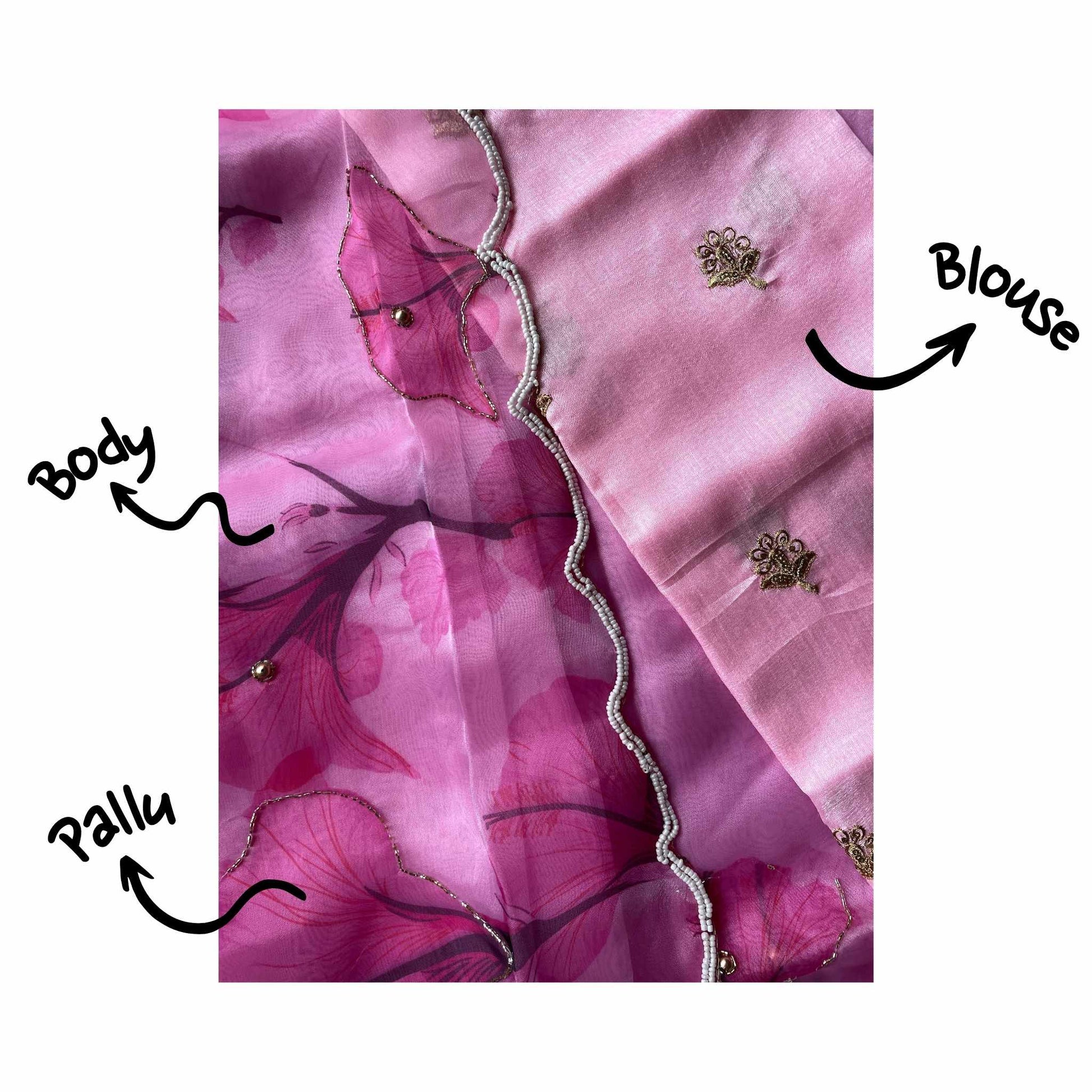 Shubha, Pink Organza Saree with Beadwork Border by Shobhangini, Organza Saree with Embellished Border