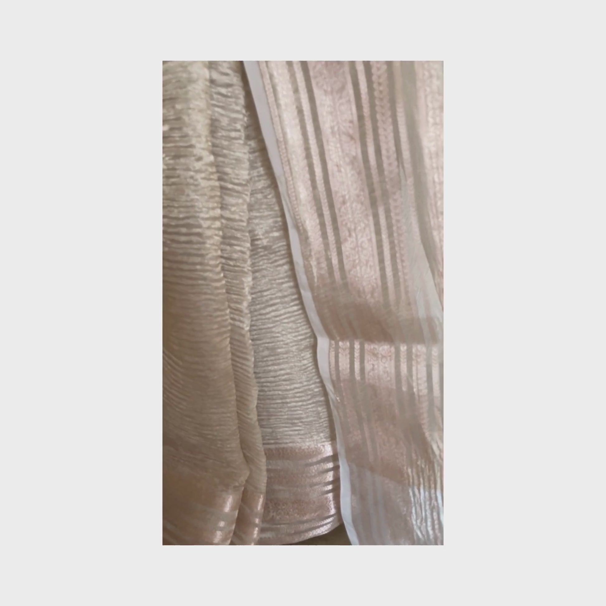 Light gold metallic crush tissue saree with copper zari border, Work by Shobhangini. Delicate light gold saree, perfect for day events.