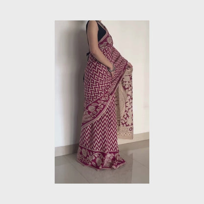 Sachi, Pink and Cream Mul Cotton Saree with Kalamkari Print by Shobhangini, Kalamkari Saree, Cotton Saree