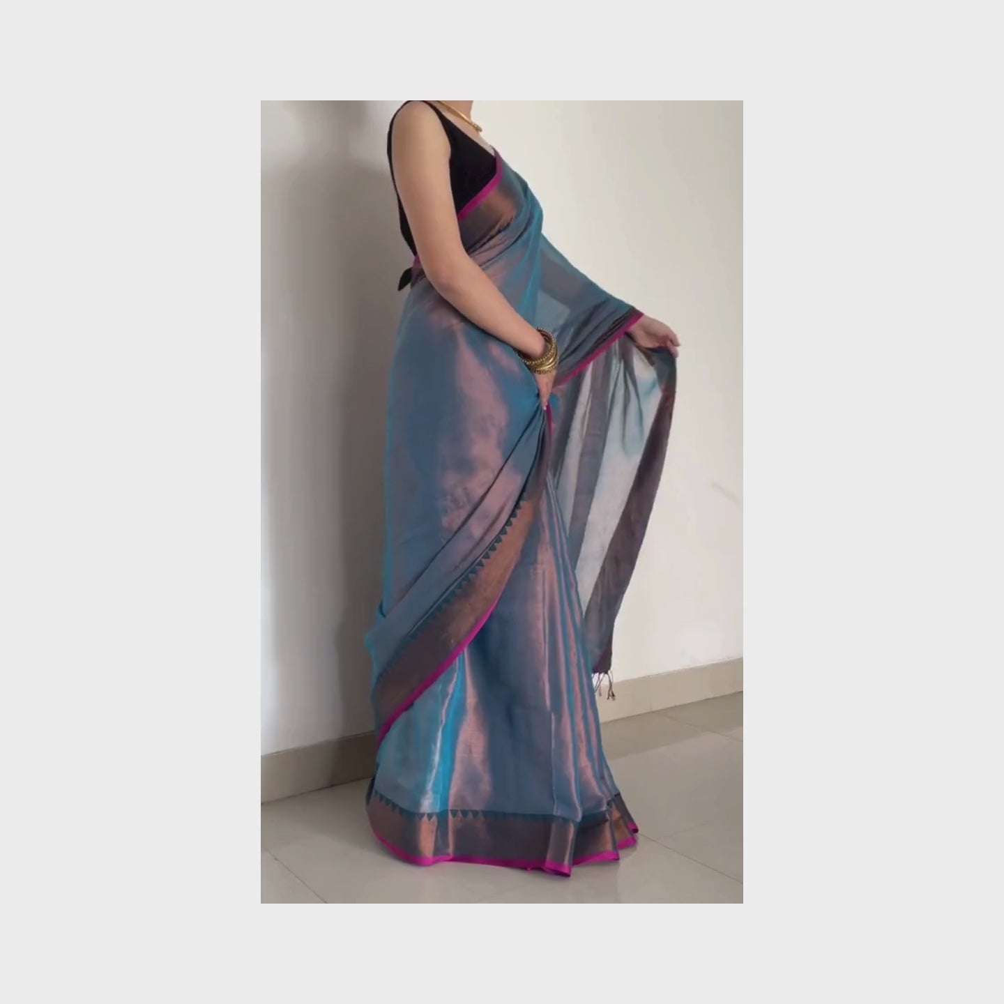 Malhar, Blue Raga Cotton Tissue Saree with Copper Zari Work by Shobhangini